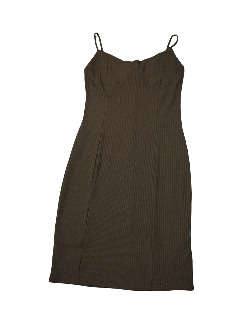 iris Olive-Brown Ribbed Spaghetti-Strap Midi Dress